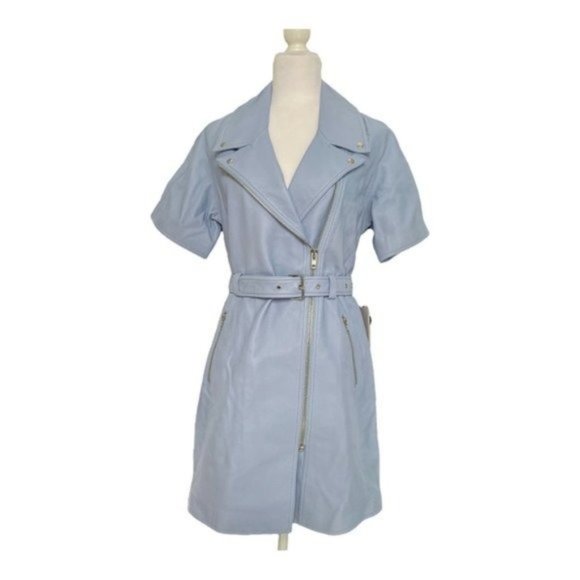 LINI Blue Margeaux Belted Asymmetric Full-Zip Leather Mini Dress NWT - Picture 5 of 6